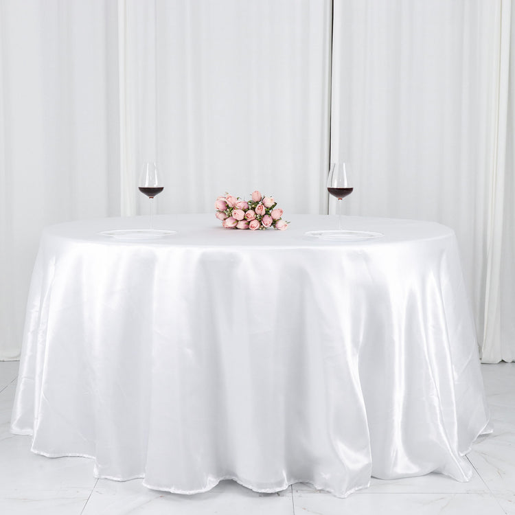132 Inch White Satin Round Tablecloth