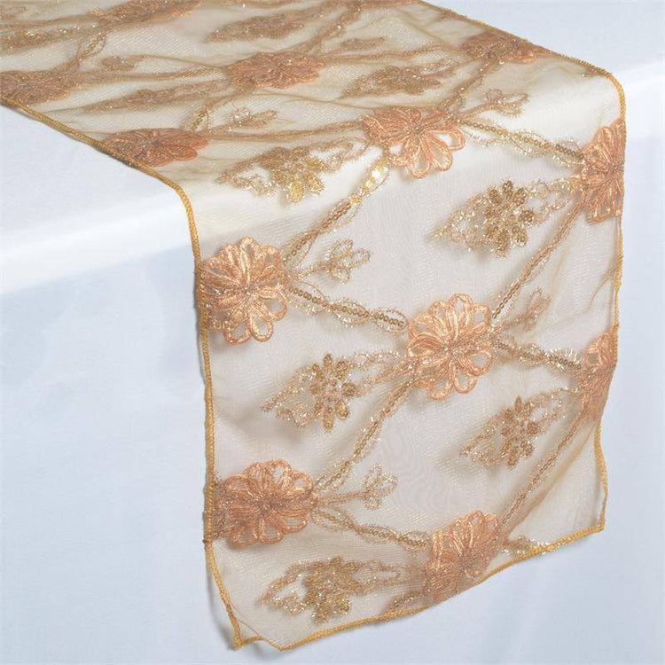 14 Inch x 108 Inch Extravagant Fashionista Style Gold Lace Netting Table Runner#whtbkgd