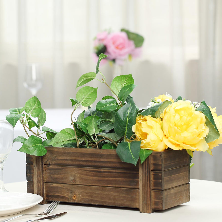 14 Inch x 5 Inch Natural Wood Smoked Brown Rustic Planter Box Set with Removable Plastic Liners