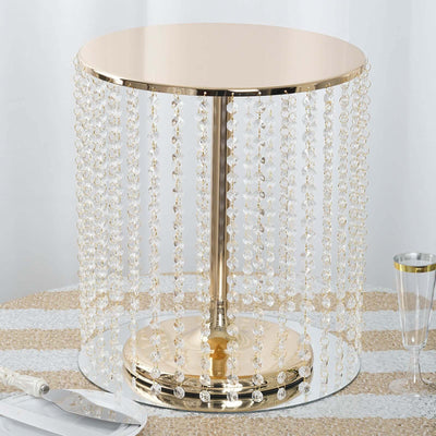 Elegant round table with crystal bead accents on a gold base.