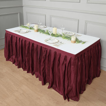 Burgundy Pleated Polyester Table Skirt, Banquet Folding Table Skirt 14ft