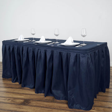 Navy Blue Pleated Polyester Table Skirt, Banquet Folding Table Skirt 14ft