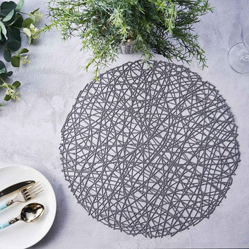 6 Pack | 15" Charcoal Gray Decorative Woven Vinyl Placemats, Non-Slip Round Table Mats