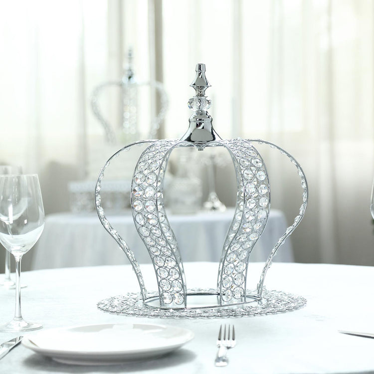 16 Inch Crystal Bead Metallic Silver Royal Crown Cake Topper 