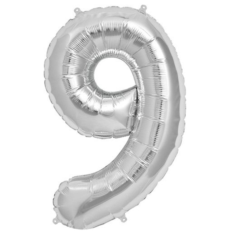 16inch Shiny Metallic Silver Mylar Foil 0-9 Number Balloons - 9#whtbkgd