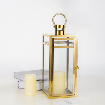 Gold Vintage Top Stainless Steel Candle Lantern Centerpiece Outdoor Metal Patio Lantern 17"