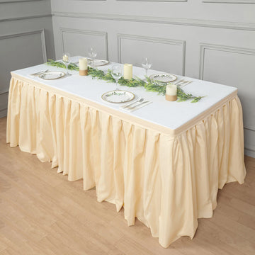 Beige Pleated Polyester Table Skirt, Banquet Folding Table Skirt 17ft