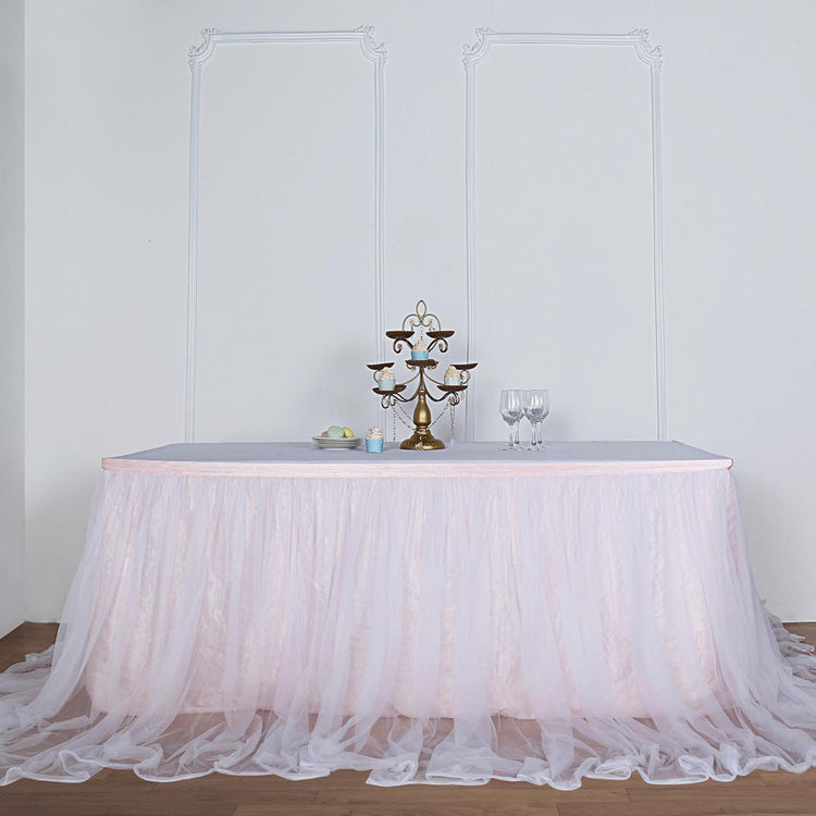 17 Feet Two Layered Table Skirt With White 48 Inch Tulle And 30 Inch Blush Rose Gold Satin Lining 