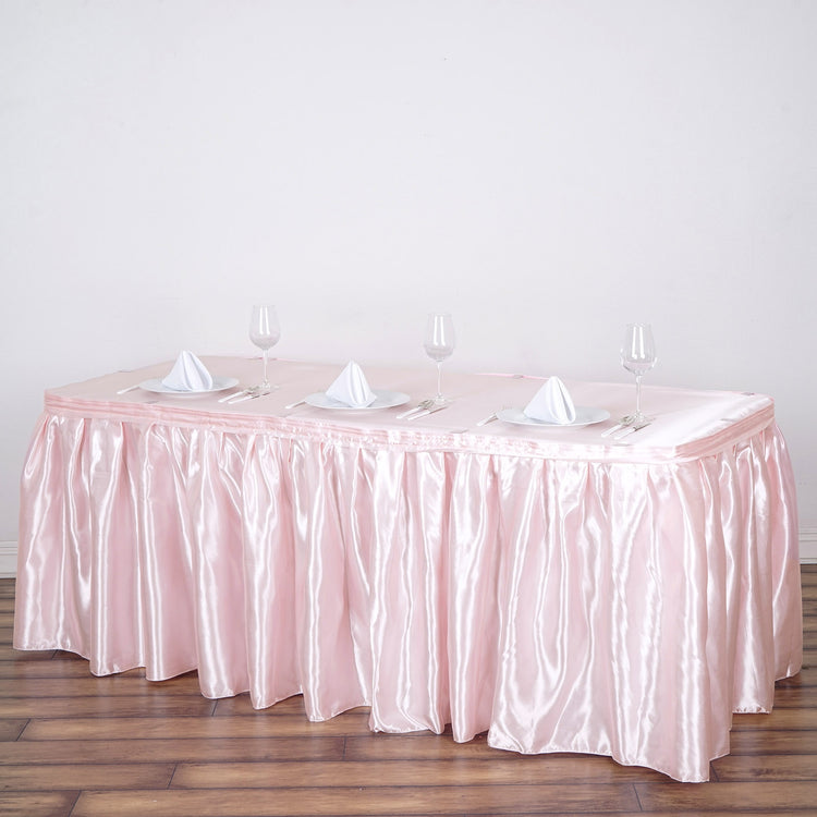 17FT Blush | Rose Gold Satin Table Skirt, Glossy Pleated Table Drape