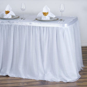 17ft White 2 Layer Tulle Tutu Table Skirt With Satin Attachment