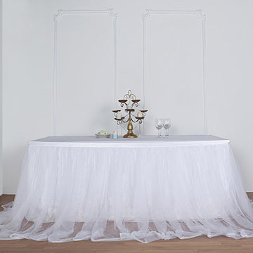 17ft White Extra Long 48" Two Layered Tulle and Satin Table Skirt