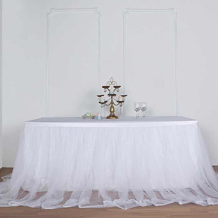 17 Feet White Two Layered Table Skirt 48 Inch Extra Long Tulle And 30 Inch Satin