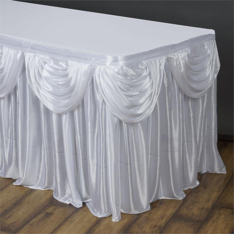 White Pleated Satin Double Drape Table Skirt 17 Feet