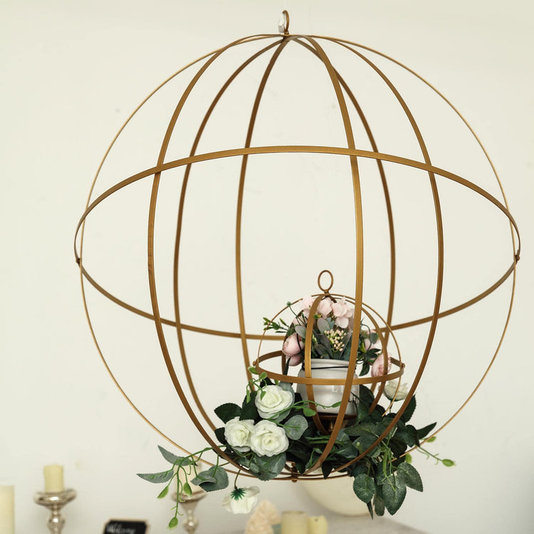 18Inch Gold Wrought Iron Open Frame Centerpiece Ball, Candle Holder Floral Display Hanging Sphere