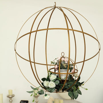Gold Wrought Iron Open Frame Centerpiece Ball, Candle Holder Floral Display Hanging Sphere 18"