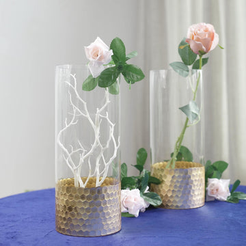 2 Pack | 12" Clear Glass Cylinder Vases with Gold Honeycomb Base, Votive Tealight Candle Holders
