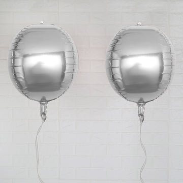 2 Pack | 14" 4D Shiny Silver Sphere Mylar Foil Helium or Air Balloons