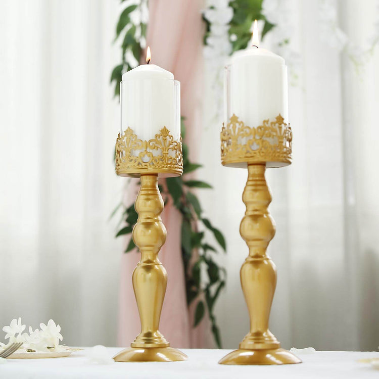2 Pack Tall Antique Gold Lace Hurricane Glass Votive Pillar 14 Inch Candle Holder Set