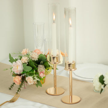 2 Pack Gold Metal Clear Glass Taper Candlestick Holders, Hurricane Candle Stands With Glass Chimney Candle Shades 16" Tall