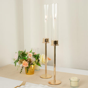 2 Pack | 20" Tall Gold Metal Clear Glass Taper Candlestick Holders, Hurricane Candle Stands With Glass Chimney Candle Shades