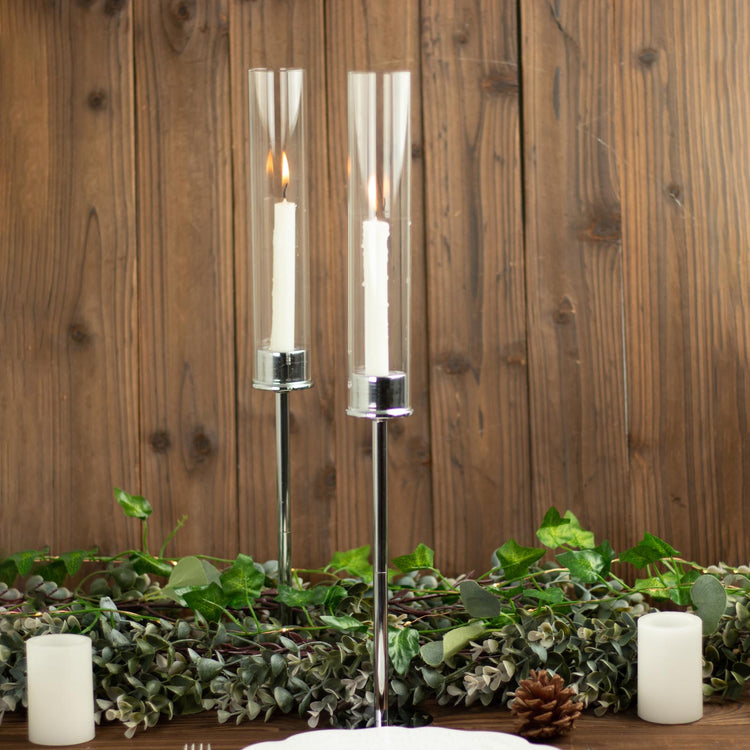 20 Inch Tall Silver Metal Taper Candle Holders With Clear Glass Hurricane Shades