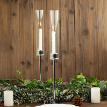 20 Inch Tall Silver Metal Taper Candle Holders With Clear Glass Hurricane Shades