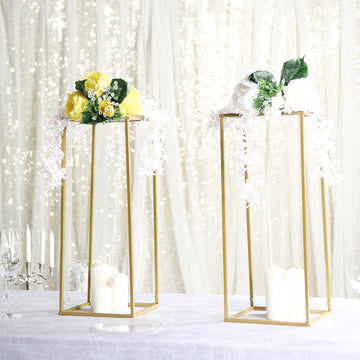 2 Pack Rectangular Gold Metal Wedding Flower Stand, Geometric Column Frame Centerpiece 24"