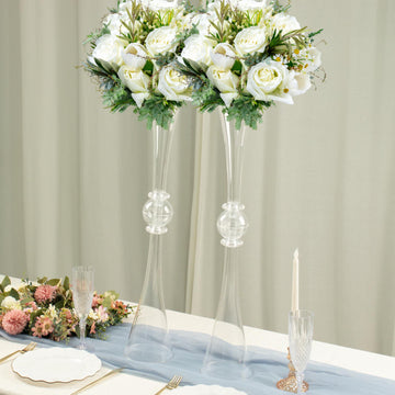 2 Pack | 31" Clear Crystal Embellishment Trumpet Table Centerpiece, Reversible Plastic Flower Vase