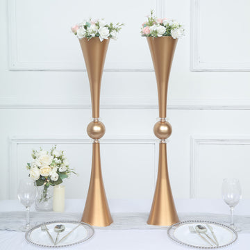 2 Pack | 31" Gold Crystal Embellishment Trumpet Table Centerpiece, Reversible Plastic Flower Vase