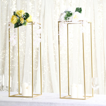 2 Pack Rectangular Gold Metal Wedding Flower Stand, Geometric Column Frame Centerpiece 32"