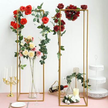 2 Pack | 48" Rectangular Gold Metal Wedding Flower Stand, Geometric Column Frame Centerpiece