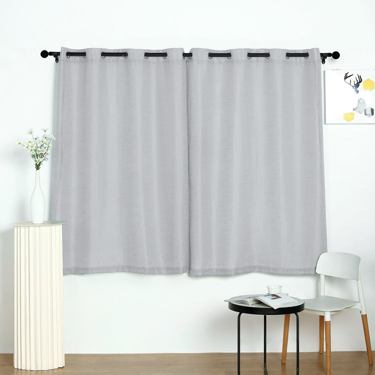 Handmade Silver Faux Linen Curtain Panels 52 Inch x 64 Inch With Chrome Grommets
