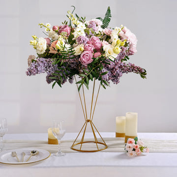 Dual Cone Reversible Gold Metal Geometric Flower Stand, Wedding Vase Pedestal, Column Centerpiece 20"