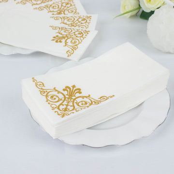 20 Pack | Gold Foil White Airlaid Soft Linen-Feel Paper Dinner Napkins, Disposable Hand Towels - Fleur Vintage