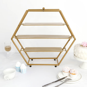 21" Matte Gold Metal 3-Tier Cupcake Stand, Hexagon Dessert Holder, Appetizer Display