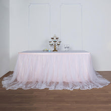 21 Feet Two Layered Table Skirt With White 48 Inch Tulle And 30 Inch Blush Rose Gold Satin Lining 