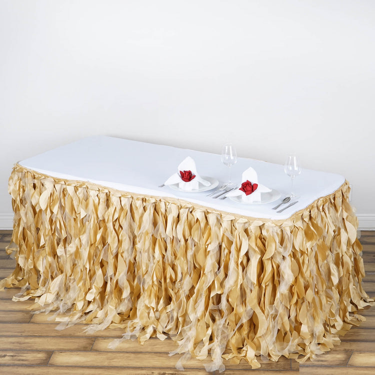 Champagne Curly Willow Taffeta Table Skirt 21 Feet