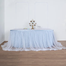 21 Feet Two Layered Table Skirt With White 48 Inch Tulle And 30 Inch Dusty Blue Satin Lining 