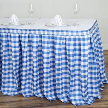 21ft White / Blue Checkered Polyester Table Skirt, Buffalo Plaid Gingham Table Skirt