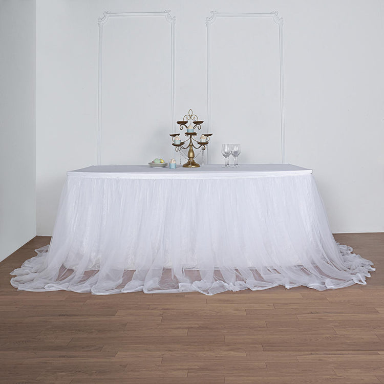 21 Feet White Two Layered Table Skirt With Satin 30 Inch Lining And 48 Inch Extra Long Tulle