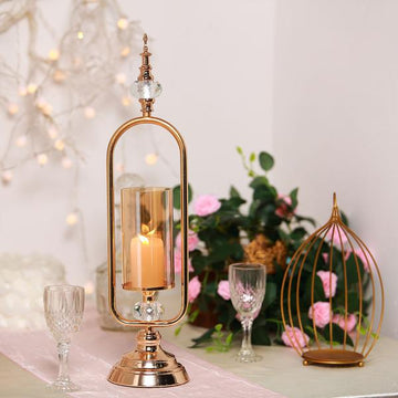 22" Tall Gold Metal Pillar Candle Holder With Hurricane Glass Tube and 2 Crystal Globes
