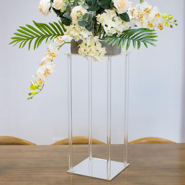 24" Clear Acrylic Flower Vase Pillar Column Stand With Square Mirror Base, Wedding Table Centerpiece