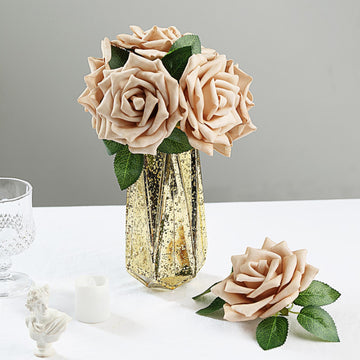 24 Roses | 5" Champagne Artificial Foam Flowers With Stem Wire and Leaves