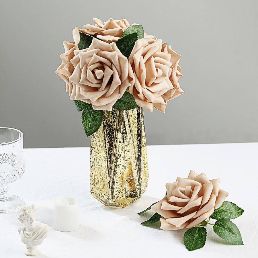 5 Inch Champagne Artificial Foam Flowers with Flexible Stem and Leaves 24 Roses