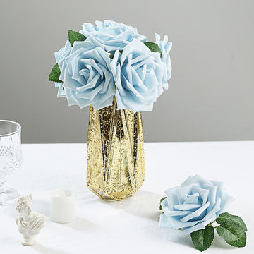 24 Roses | 5" Dusty Blue Artificial Foam Flowers With Stem Wire and Leaves