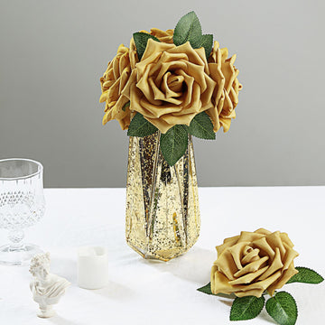 24 Roses Gold Artificial Foam Flowers With Stem Wire and Leaves 5"