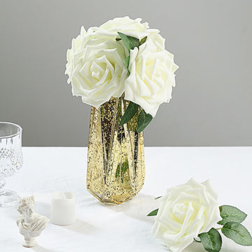 24 Roses | 5" Ivory Artificial Foam Flowers With Stem Wire and Leaves