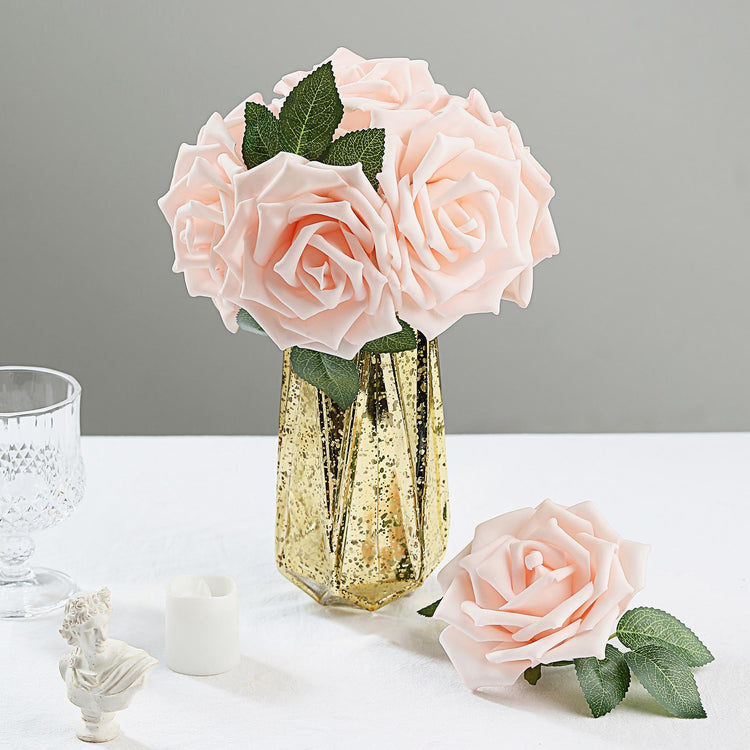 Rose Gold Blush Artificial Foam Flowers 5 Inch with Flexible Stem and Leaves 24 Roses