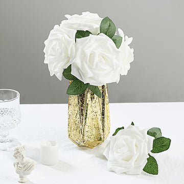 24 Roses White Artificial Foam Flowers With Stem Wire and Leaves 5"