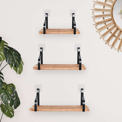 3 Pack Wood / Metal Floating Wall Shelves Wall Mounted Shelf Set Decor